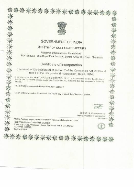 Certification of Incorporation